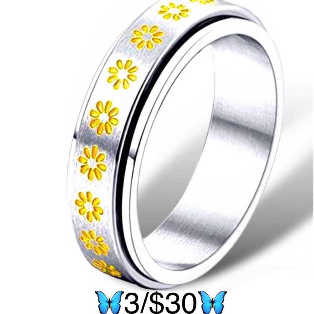 Stainless Steel Yellow Flower Fidget Spinner Ring, Silver Tone, Size 9